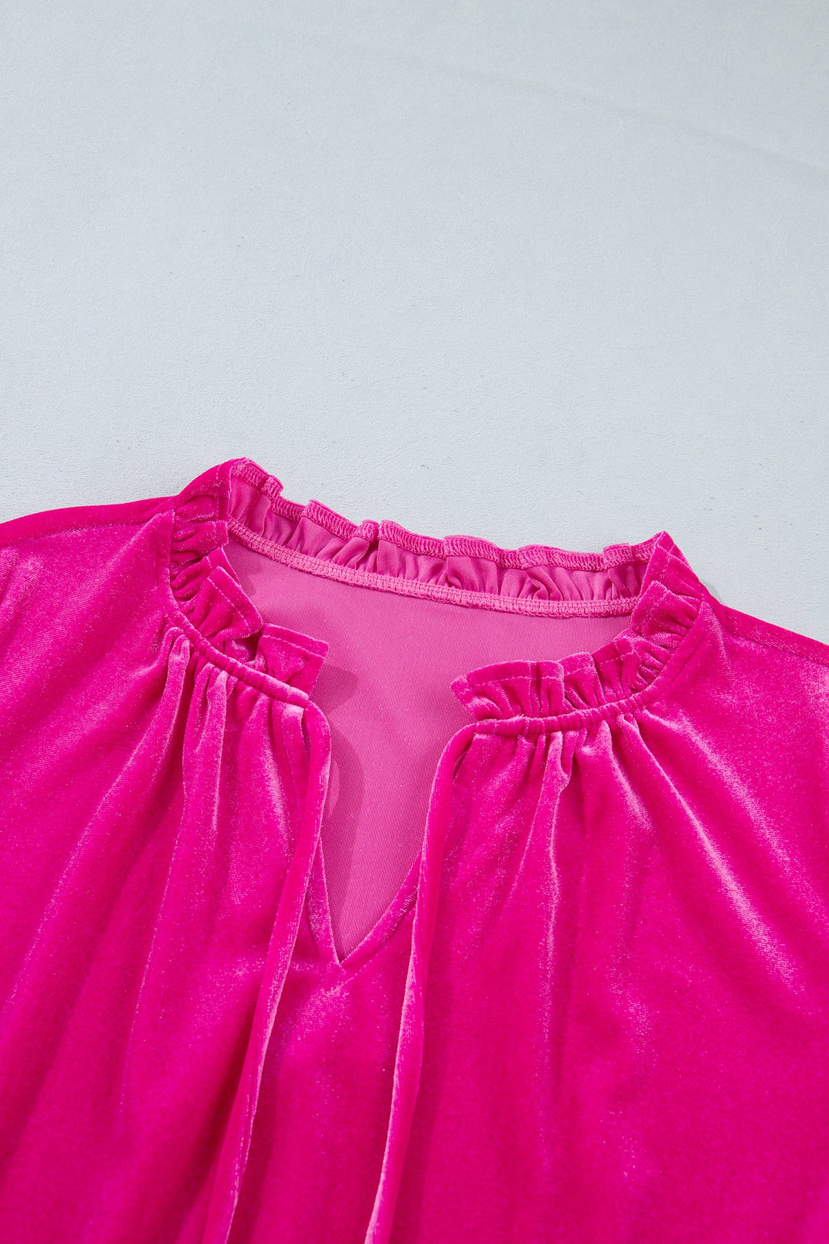 Strawberry Pink V Neck Velvet Ruffled Cuffs Hem Top