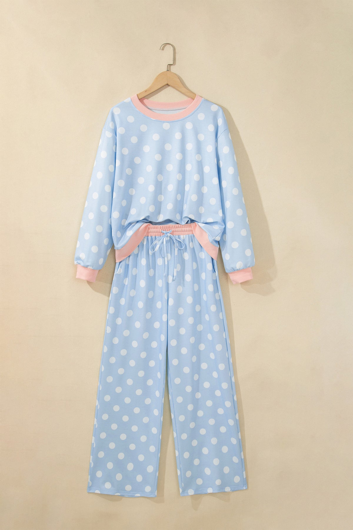 Women's Sky Blue Polka Dot Contrast Trim Long-Sleeve Top Drawstring Shift Pants Set