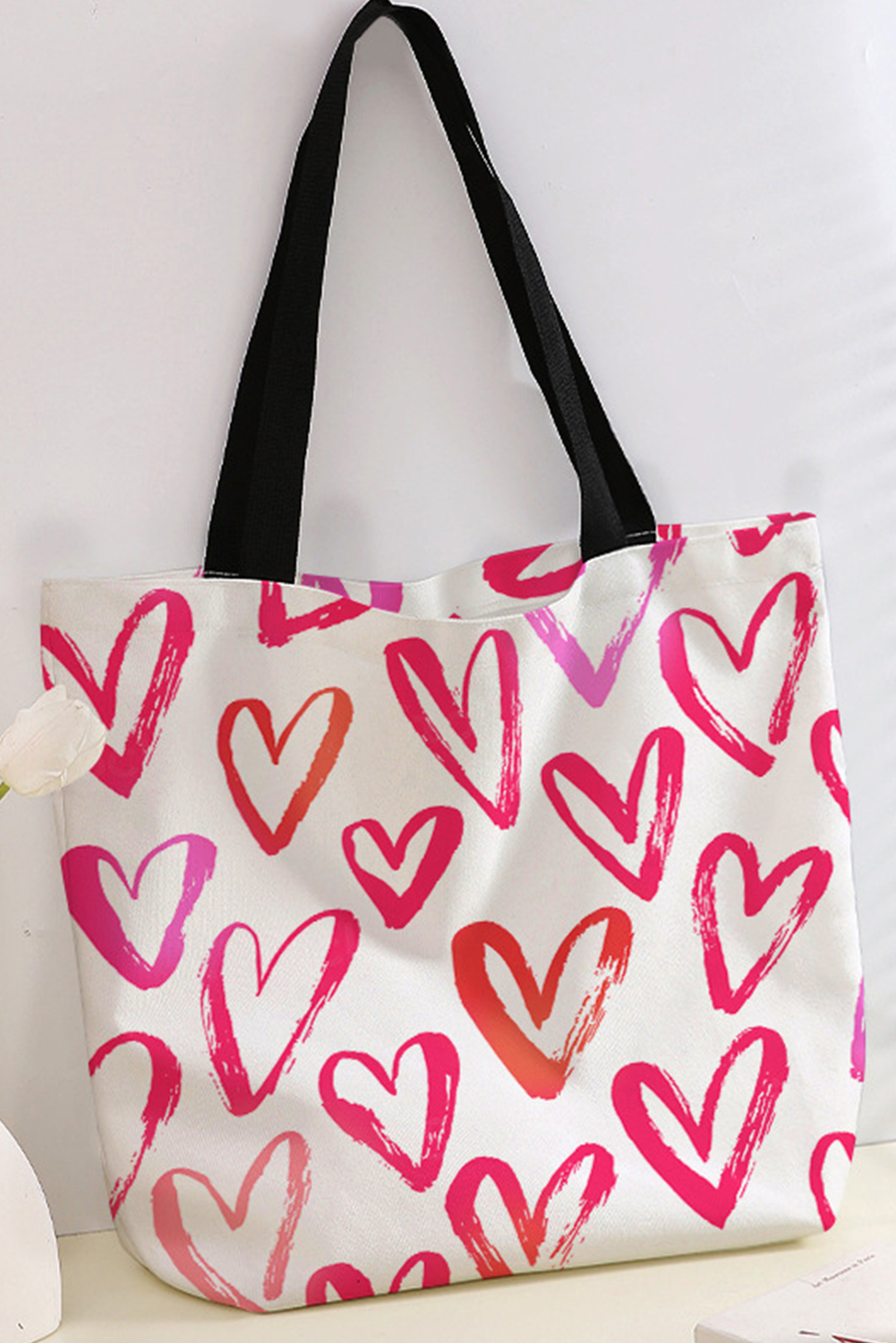 Bright Pink Heart Shape Print Canvas Large Tote Bag