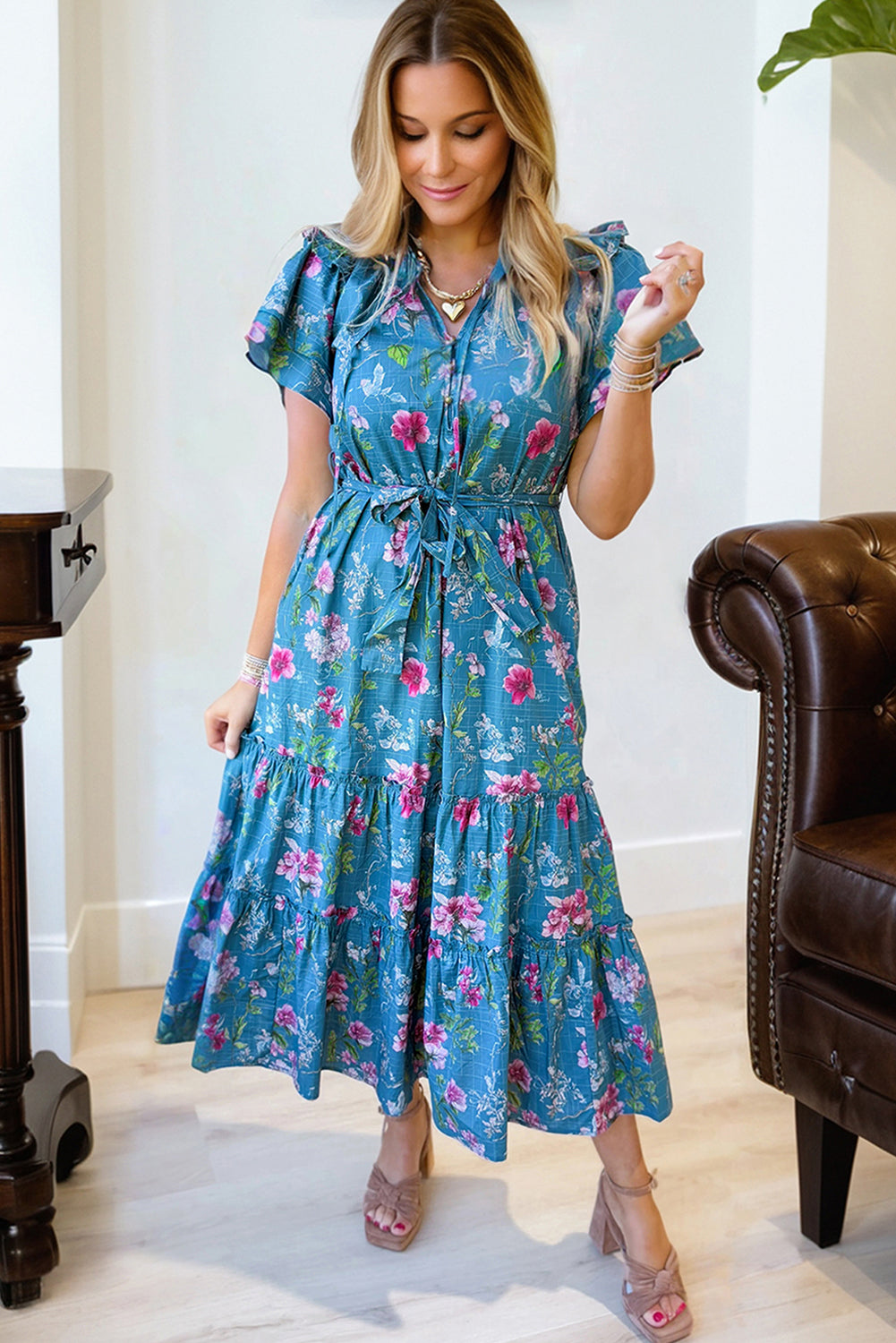 Blue Floral Flutter Sleeve Button Tie Split Neck Belted Long Dress