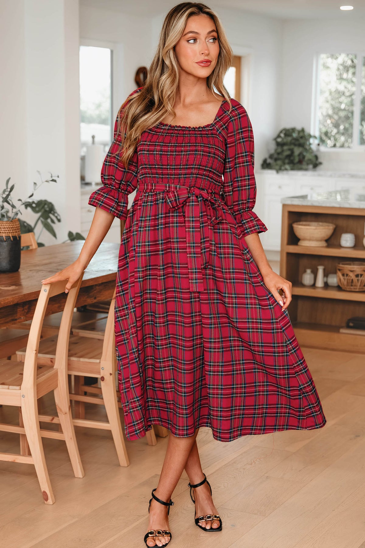 Green Tartan Plaid Square Neck Puff Sleeve Waist Flared Midi Dress