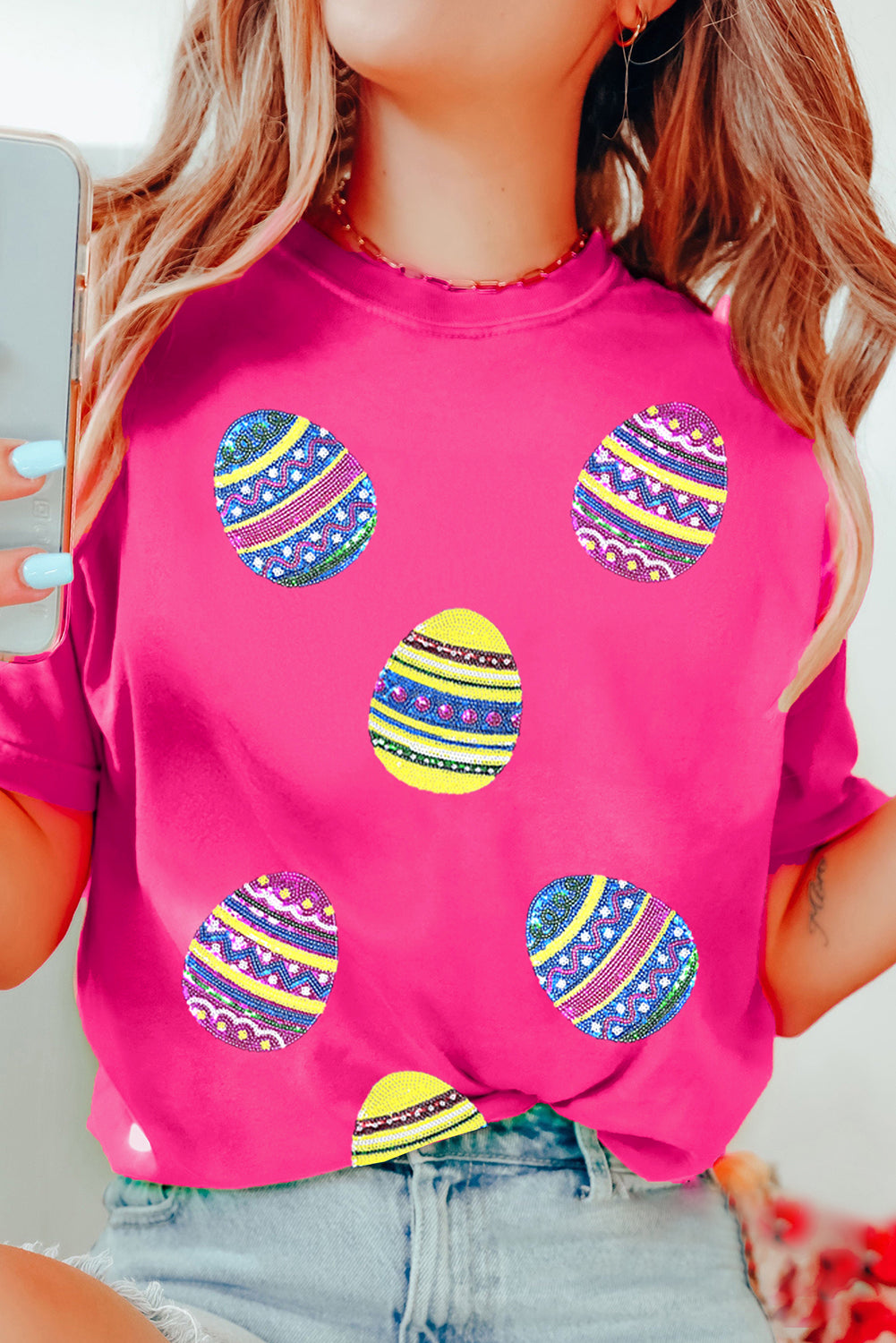 Rose Red Sequin Easter Egg Graphic Casual T-Shirt