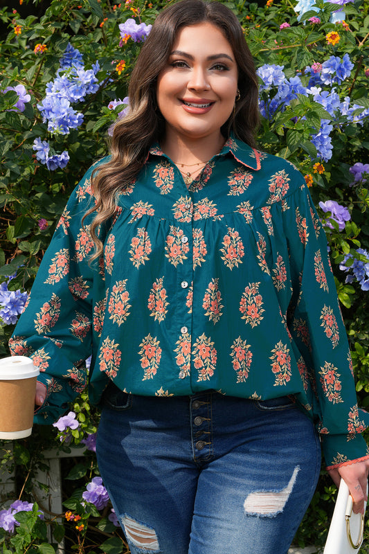 Green Plus Size Floral Print Contrast Lacy Trim Pleated Shirt