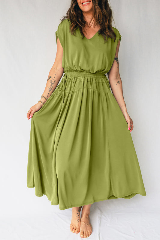 Fern Green Solid V Neck Cap Sleeve Tunic Elastic Waist Maxi Dress