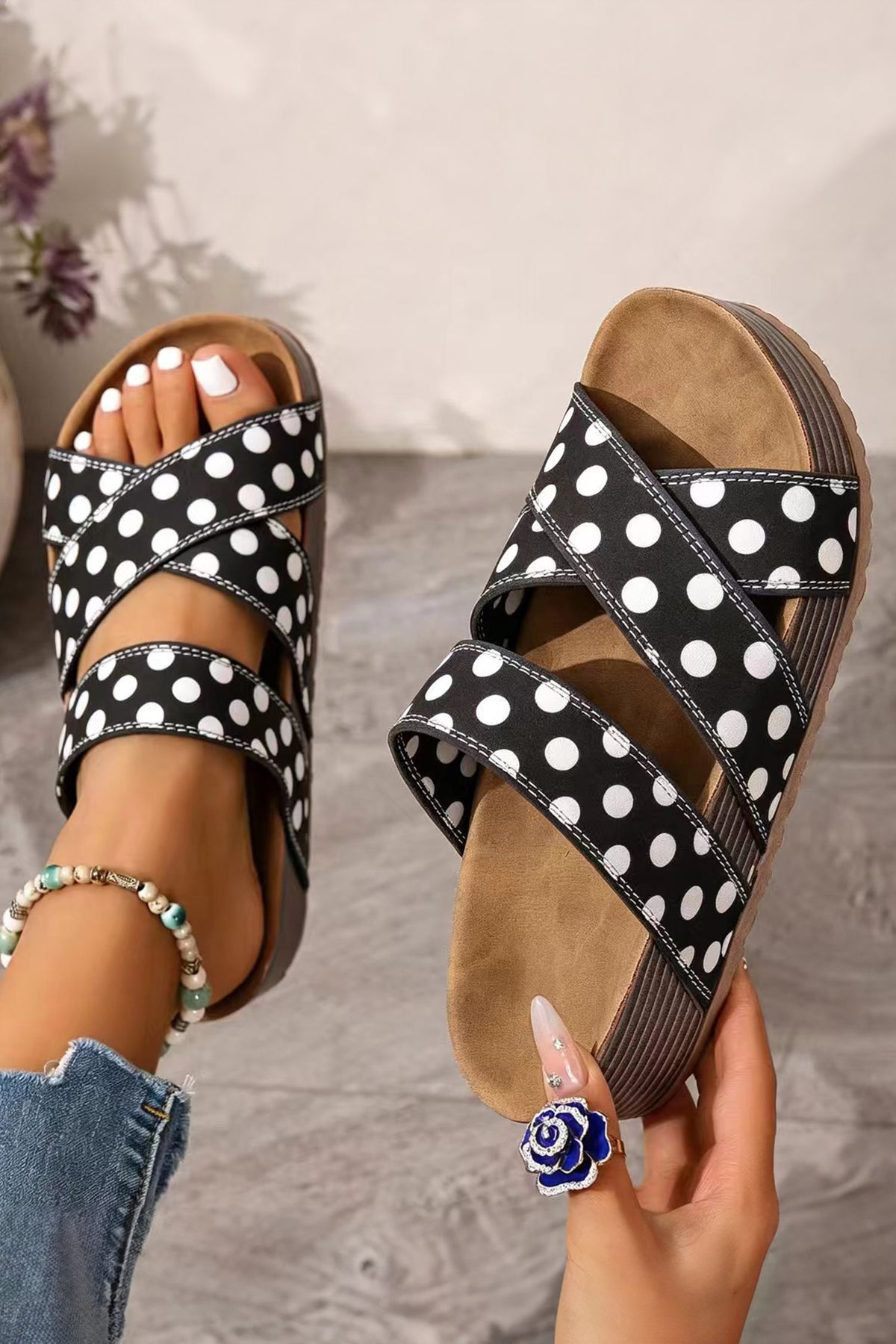 White Polka Dot Crossed Band Soft Suede Platform Sandals