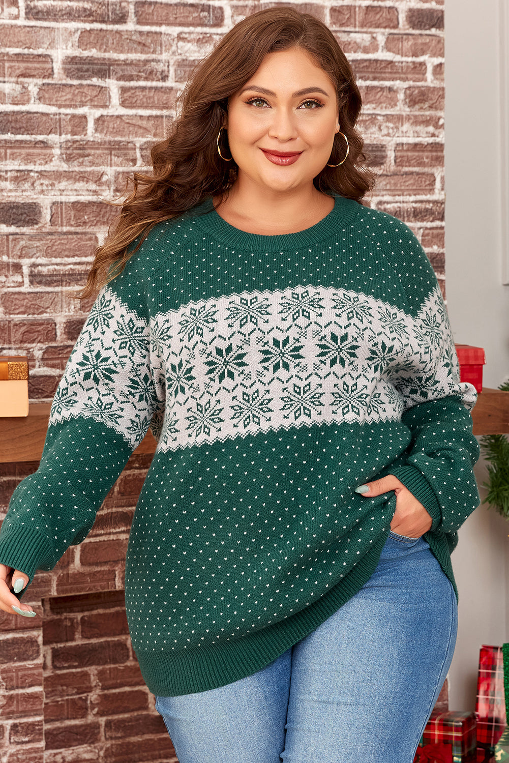 Green Christmas Snowflake Pattern Drop-Shoulder Plus Size Sweater