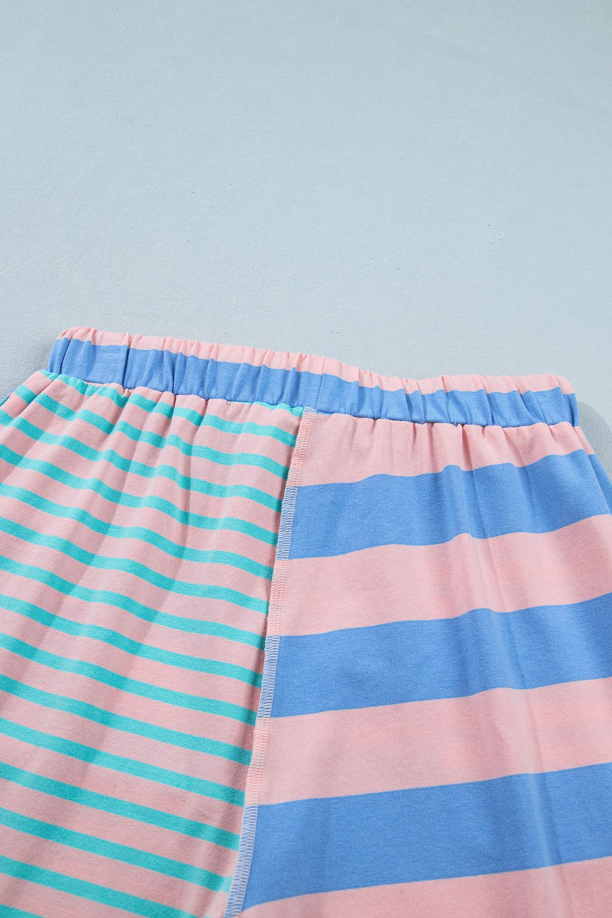 Women's Pink Stripe Exposed Seam Mixed Patchwork Shorts Two-Piece Set