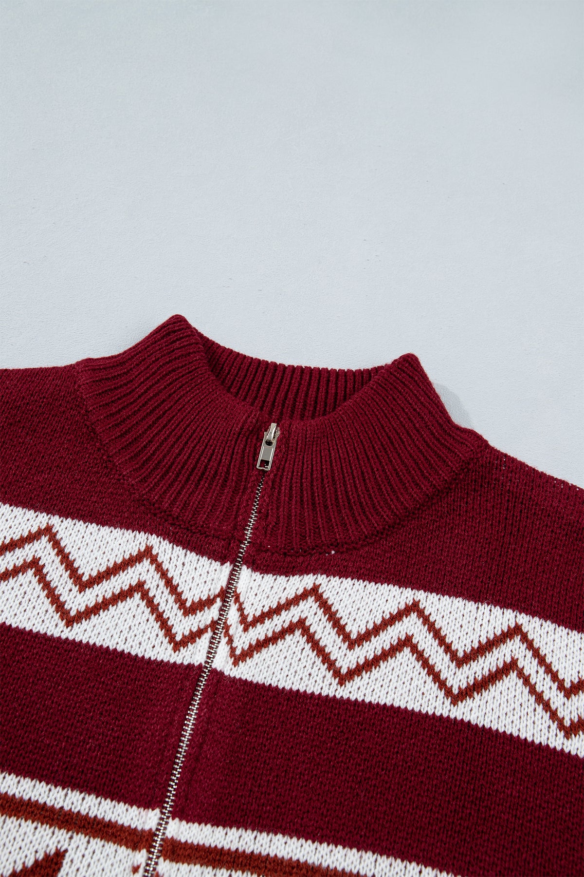 Red Geometric Pattern Zip-Up Knit Long Sleeve Cardigan