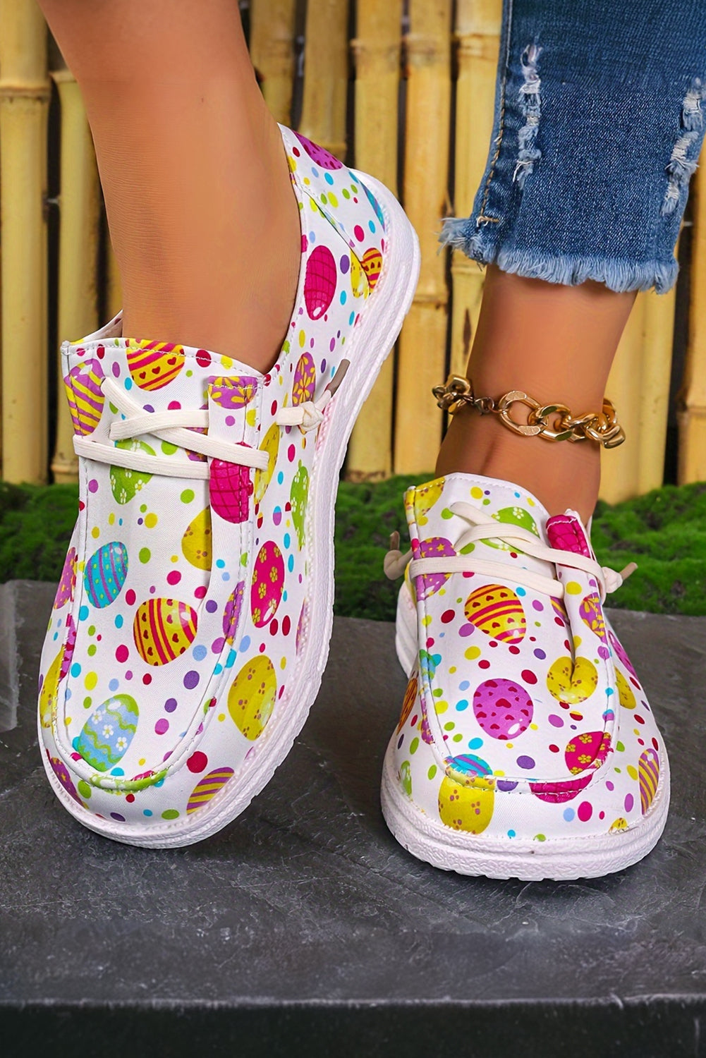 Easter Eggs Printed Square Toe Slip-On Canvas Flats