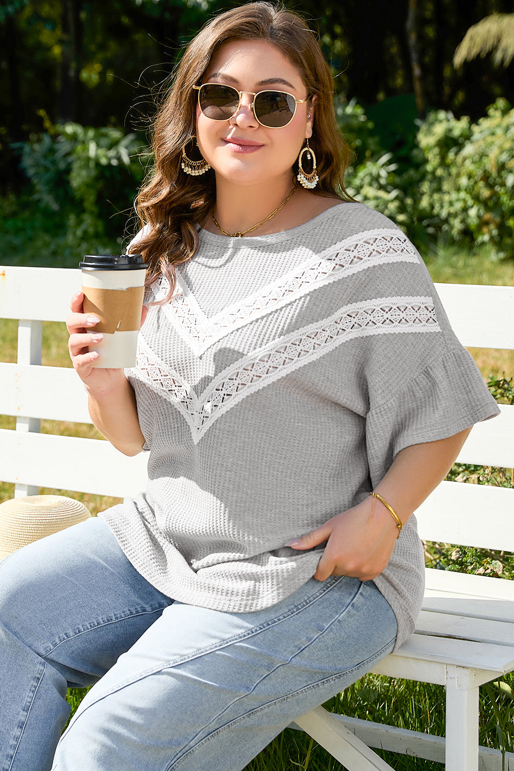 Light Grey Lace Insert Waffle Ruffle Short-Sleeve Plus Size Top