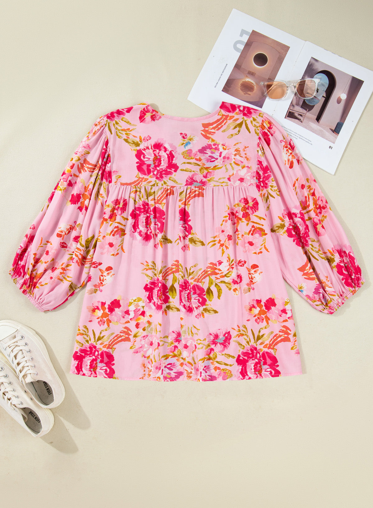 Pink Plus Size Floral Print V-Neck Tie Front Short-Sleeve Tunic Top
