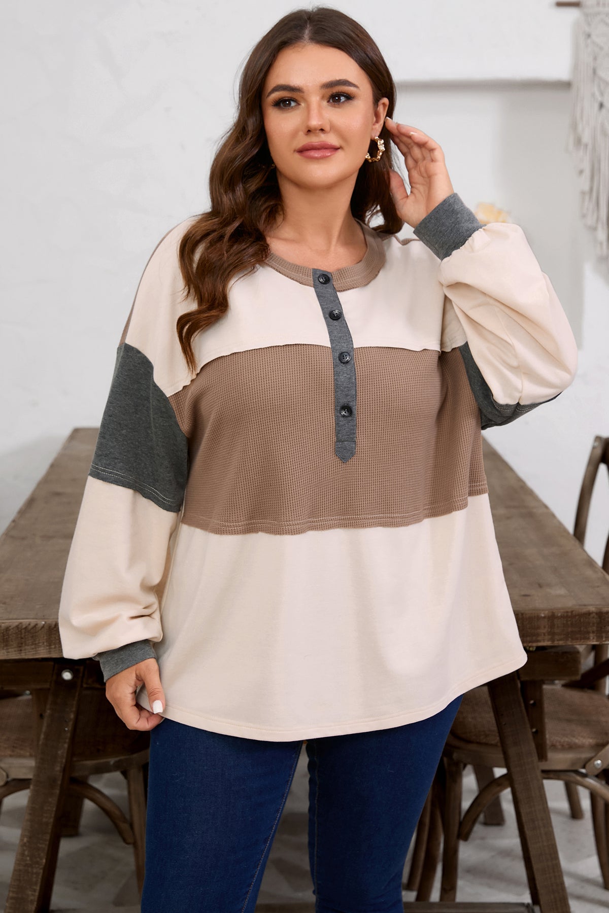Jet Stream Waffle Patchwork Color-Block Half Buttons Casual Plus Size Knit Jumper