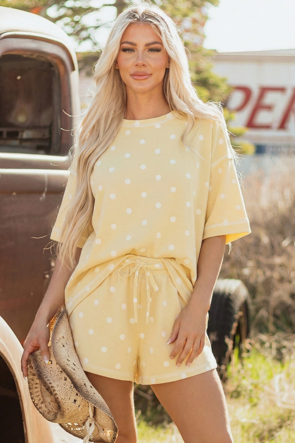 Women's Pink Polka Dot Short-Sleeve Loose Top Drawstring Shorts Set