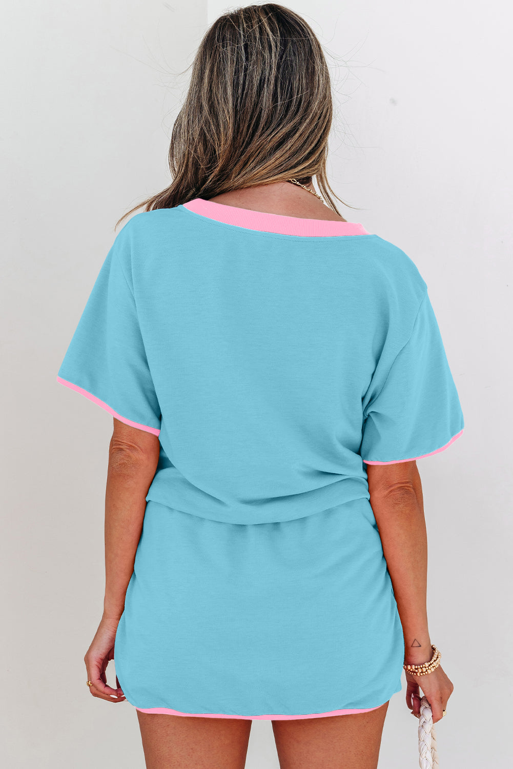 Women's Apricot Colorblock Edge Drop Shoulder T Shirt and Skort Two-Piece Set