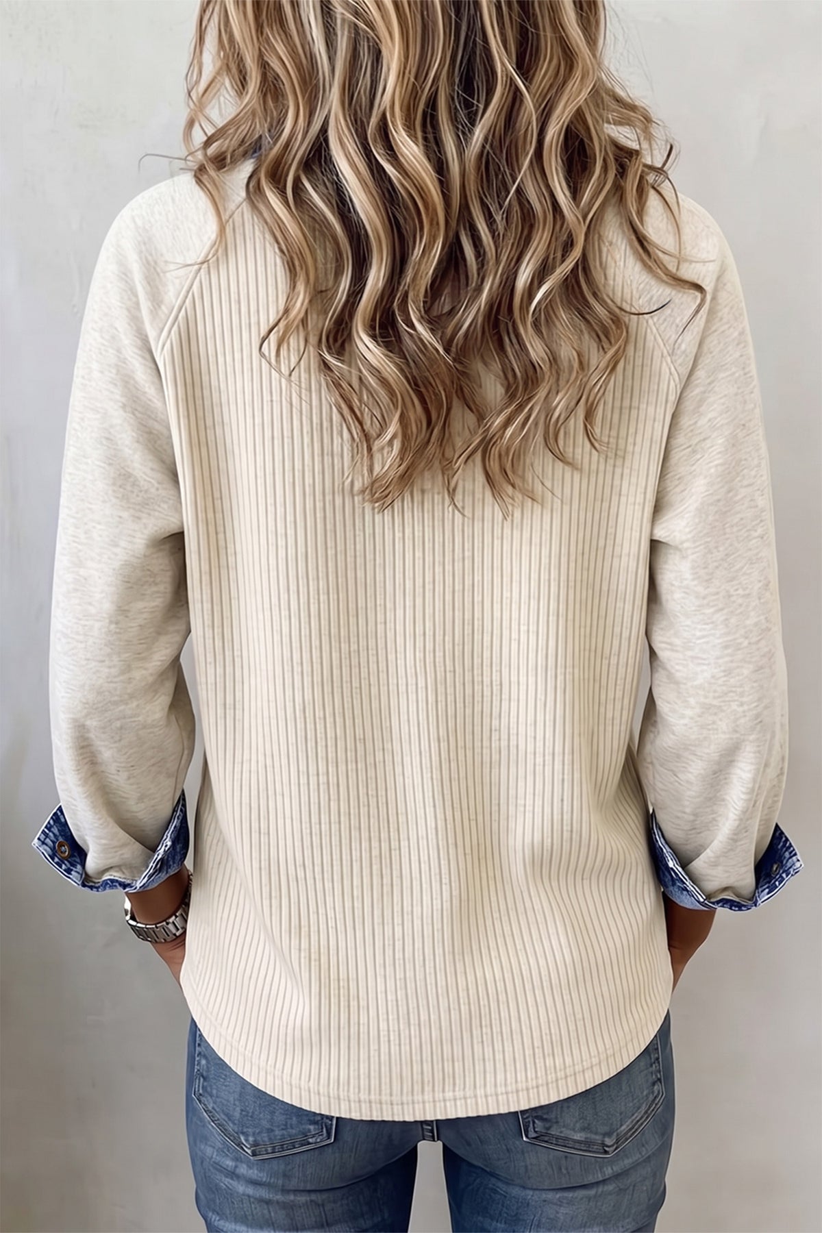 Light Grey Ribbed Denim Colorblock Button Collar Top