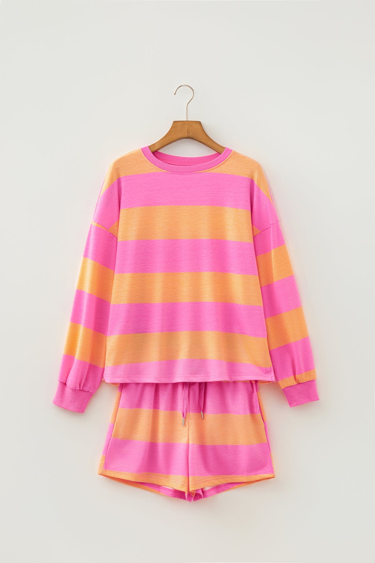 Women's Pink Stripe Long-Sleeve Casual Top Drawstring Shorts Two-Piece Set