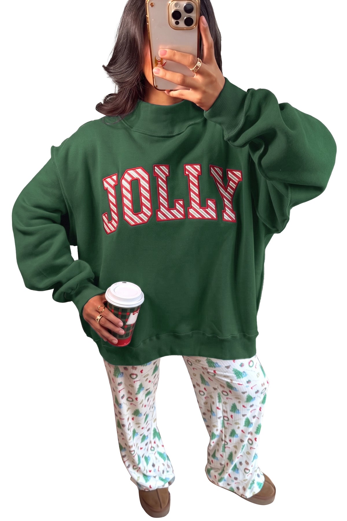 Blackish Green MERRY Embroidered Letter High Neck Tunic Sweatshirt