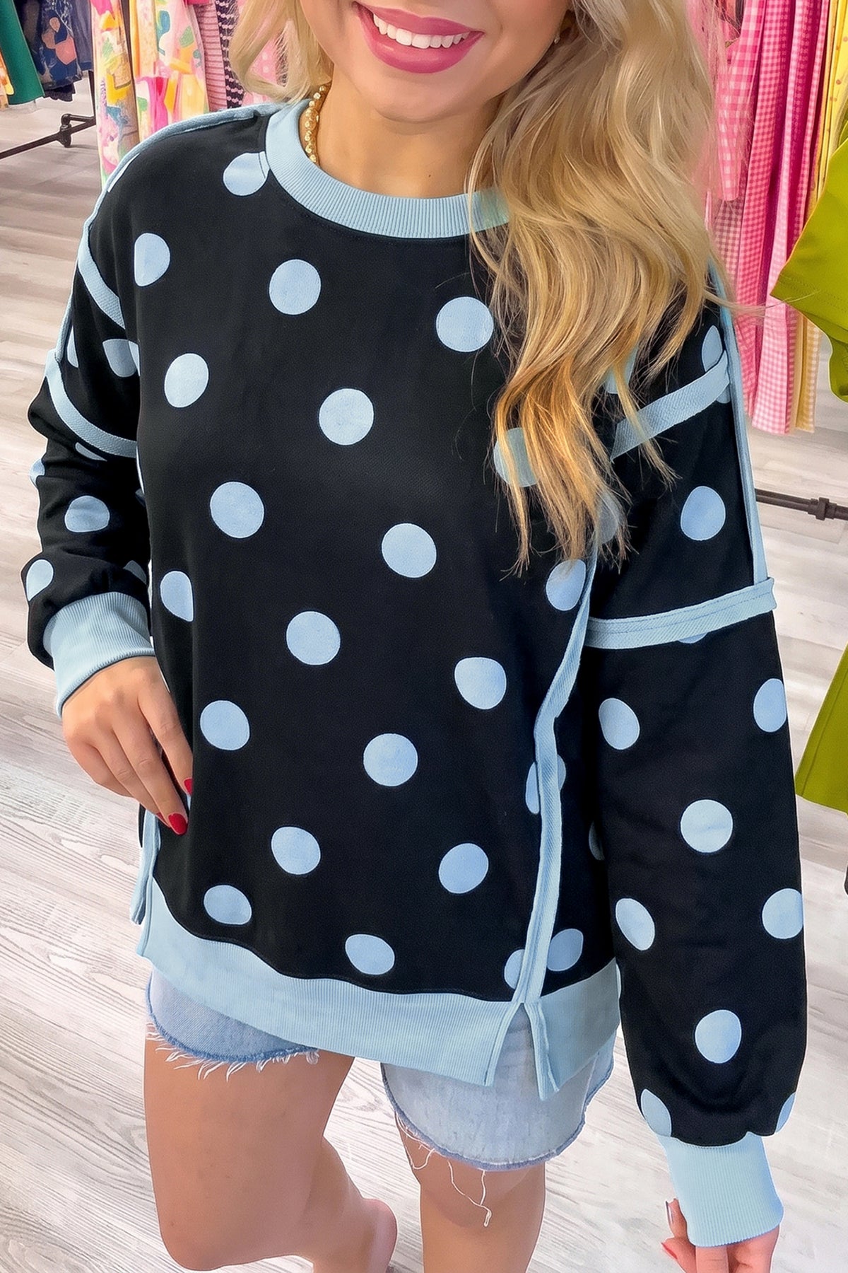 White Polka Dot Contrast Patchwork Round Neck Sweatshirt