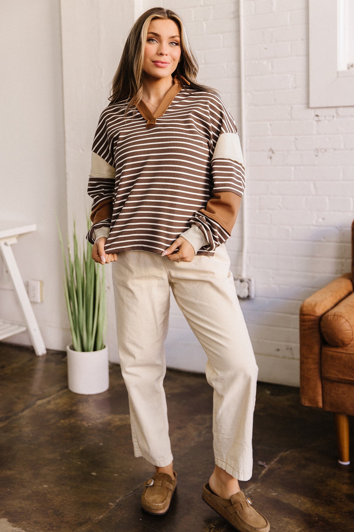 Brown Stripe Collar V Neck Color Block Pullover Top
