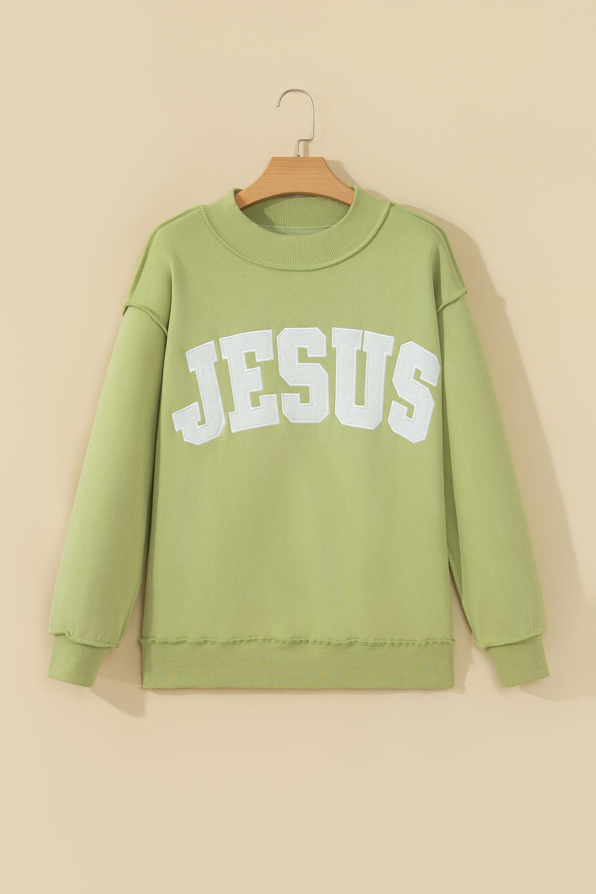 Meadow Mist Green JESUS Letter Patch Graphic Sweatshirt