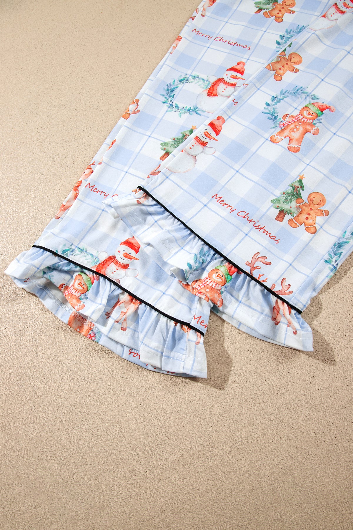 Sky Blue Plaid Cartoon Christmas Pattern Shirt Top Pajama Set