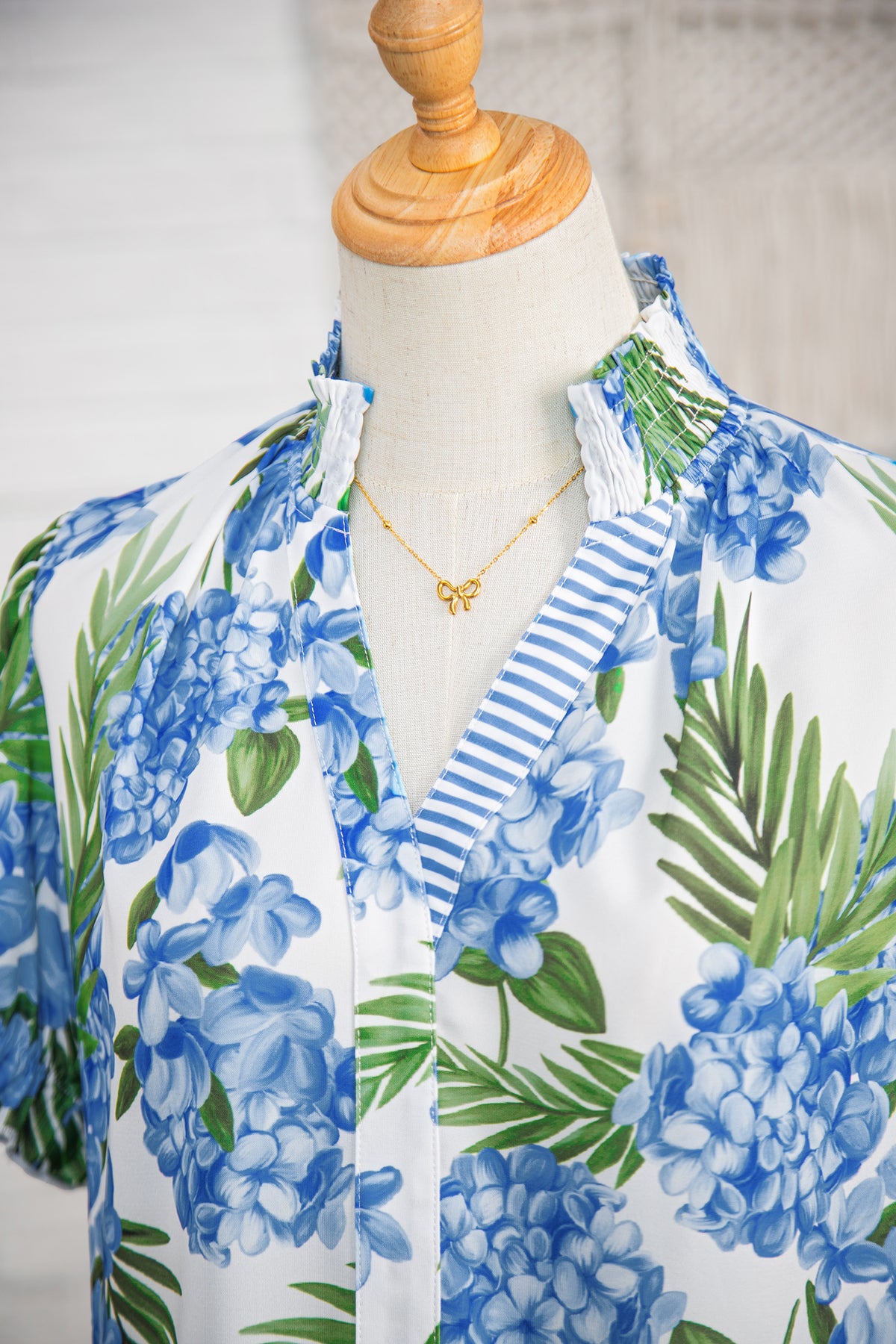 Sky Blue Palm Floral Striped Patchwork V Neck Short Sleeve Blouse