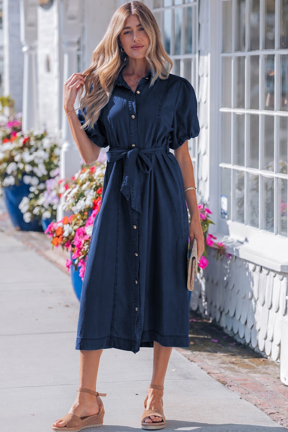 Sail Blue Full Buttons Short Bubble Sleeve Long Denim Dress