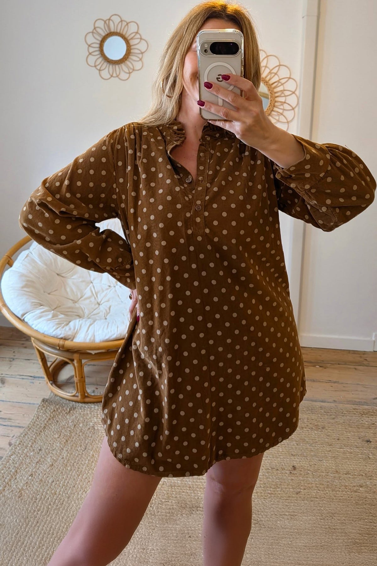 Brown Polka Dot Corduroy V-Neck Mini Dress