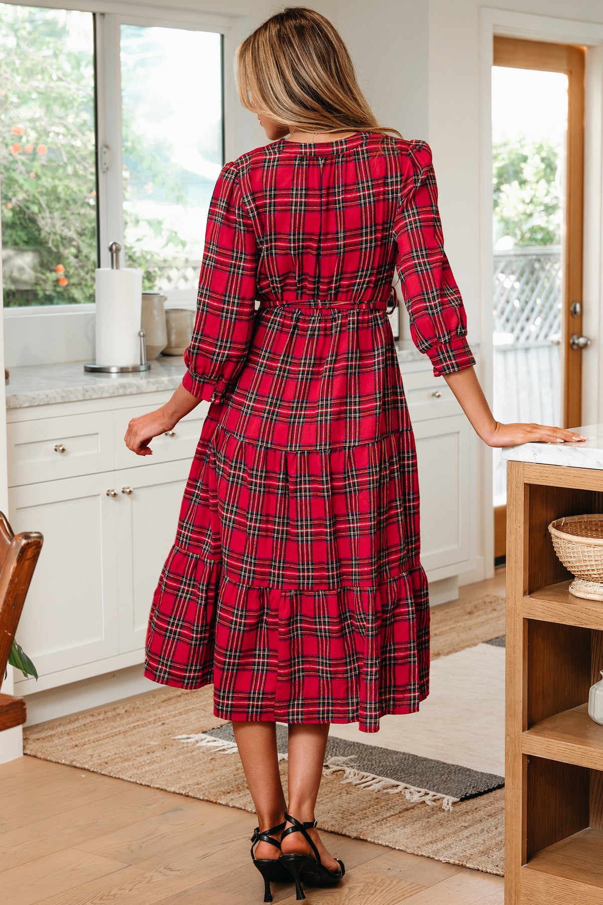 Red Christmas Plaid V Neck 3/4 Sleeve Ruffle Hem Long Dress