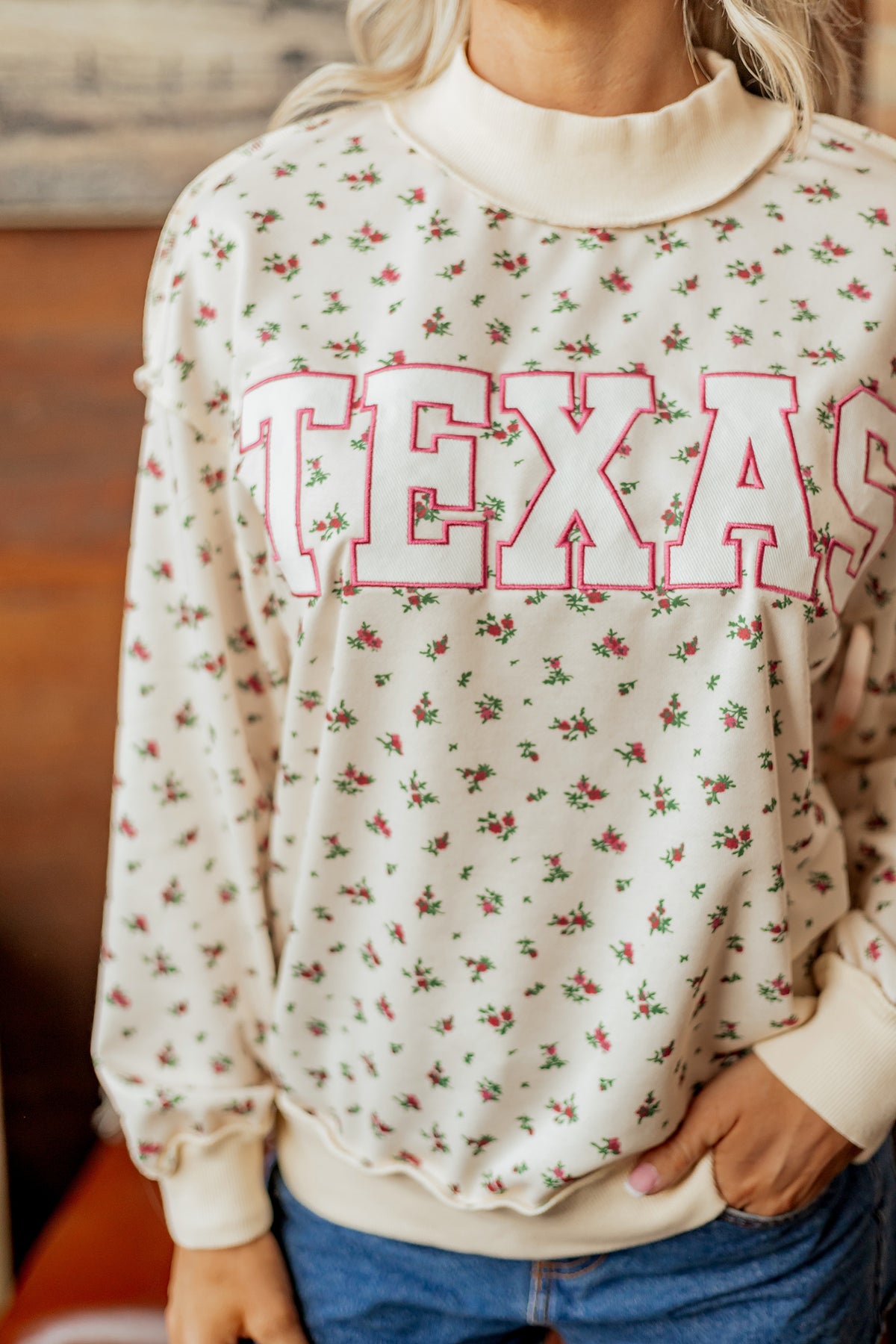 Beige Floral Print Stand Neck Slogan Sweatshirt
