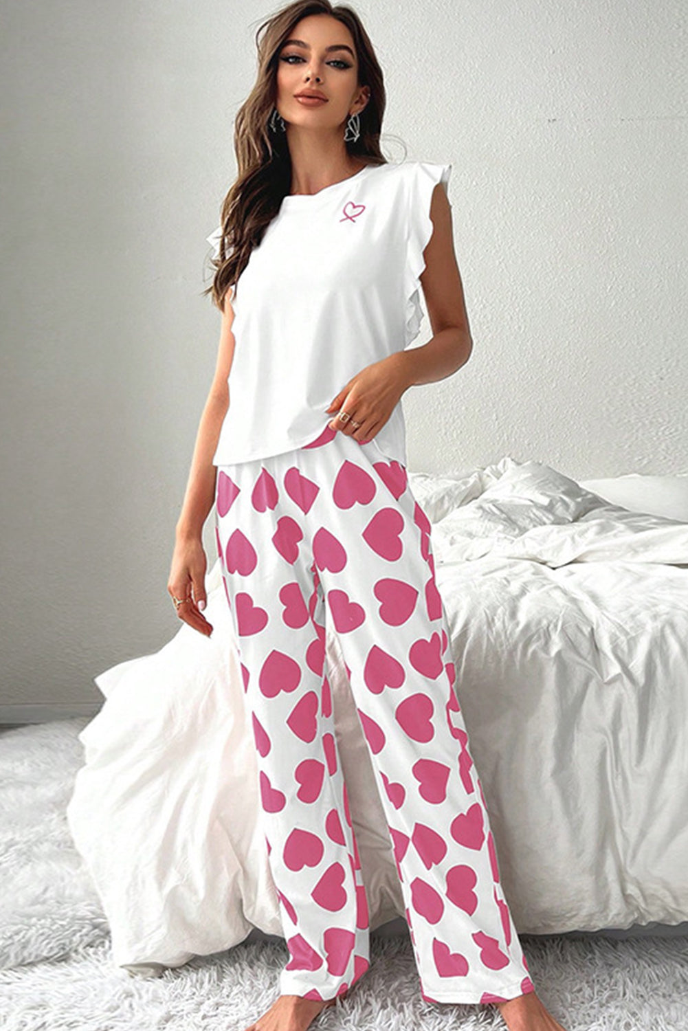 Pink Ruffled Tank Top and Heart Print Pants Lounge Set