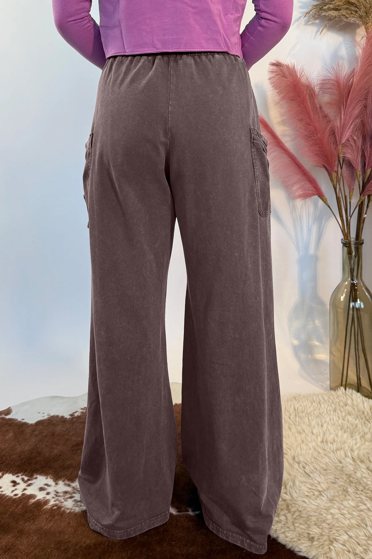 Dark Brown Cotton Mineral Wash Elastic Waist Drawstring Tie Cargo Pants
