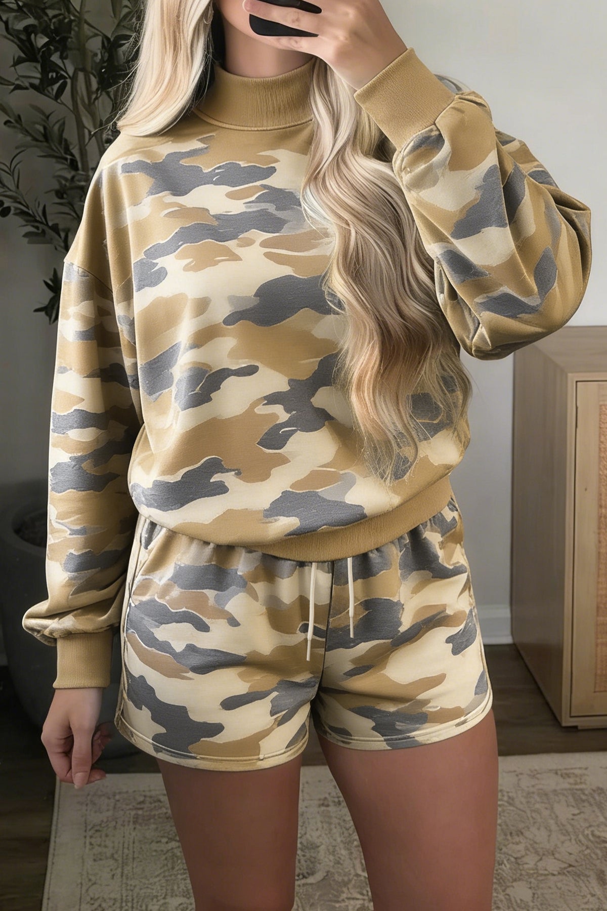 Women's Multicolour Camouflage Print Long-Sleeve Top Drawstring Shorts Set