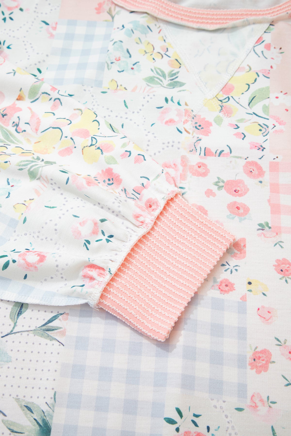 Pink Patchwork Floral Print Long-Sleeve Tunic Plus Size Blouse