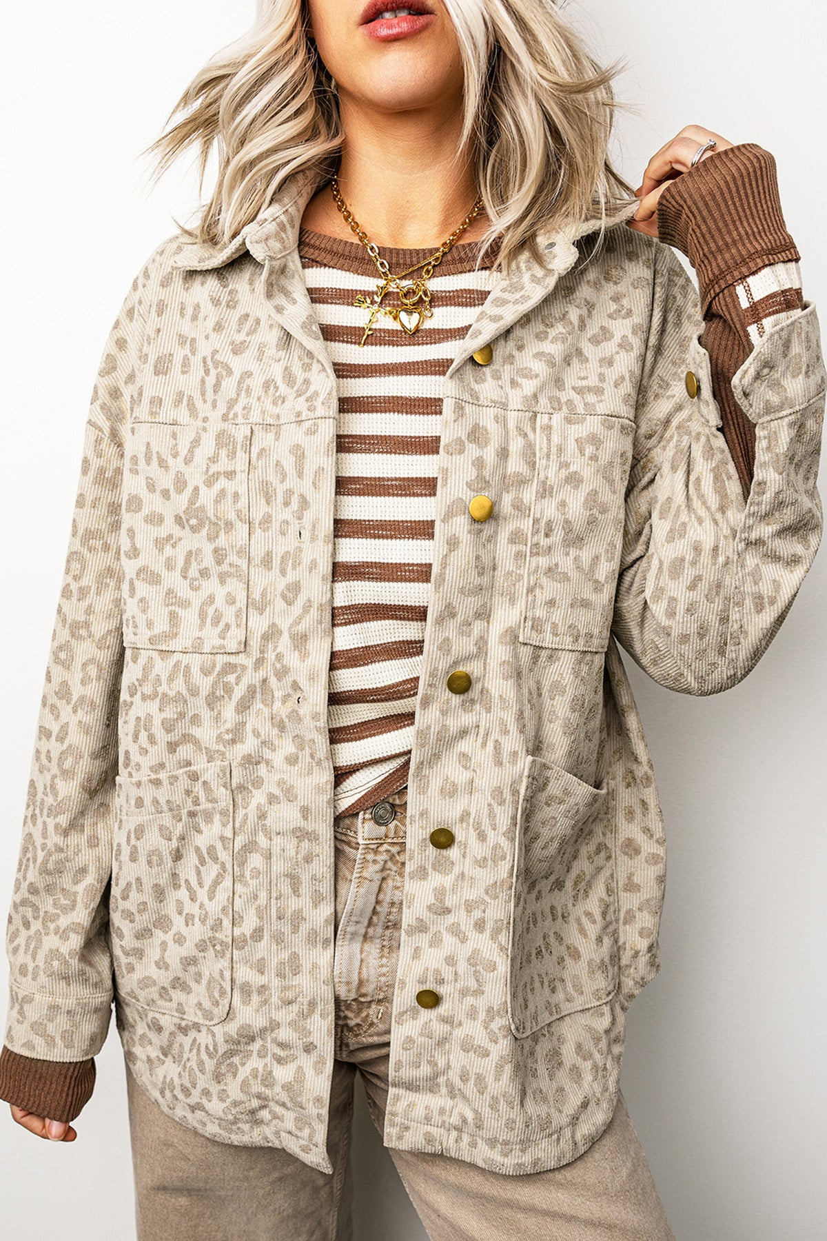 Khaki Leopard Print Corduroy Shirt Collar Long Sleeve Jacket