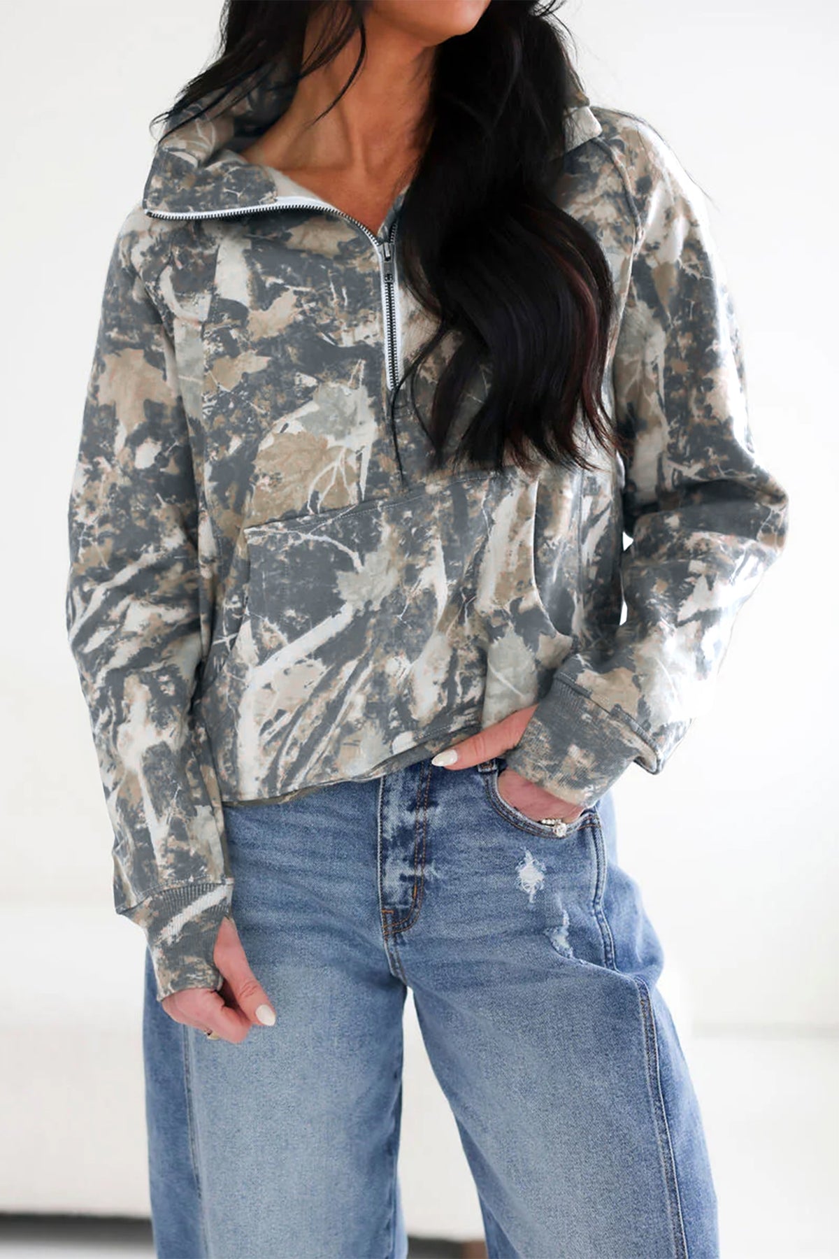 Multicolor Abstract Print Quarter Zip Kangaroo Pocket Sweatshirt