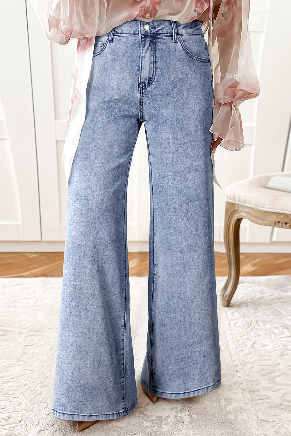 Beau Blue High Waist Button Zip Fly Bell Bottom Jeans