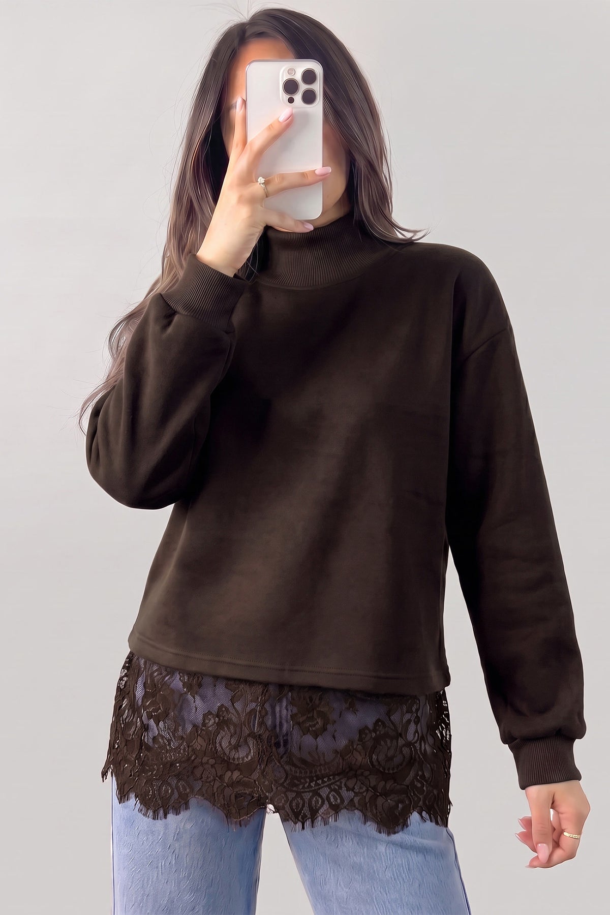 Coffee Solid Color High Neck Lace Splicing Hem Sweatshirt