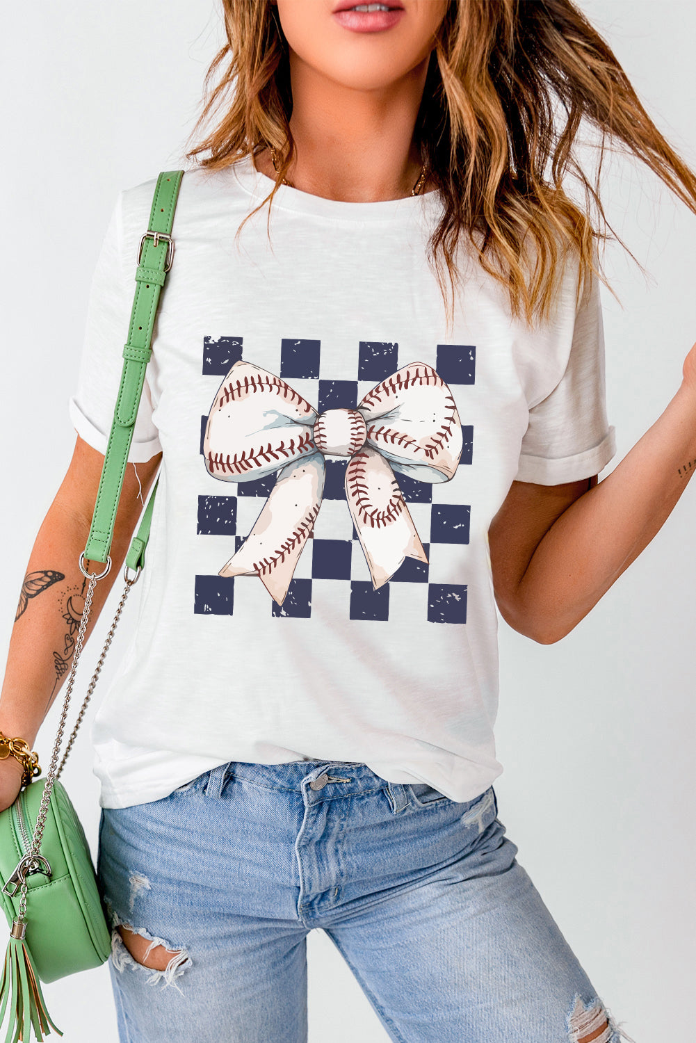 White Checkered Rugby Bowknot Graphic Crew T-Shirt