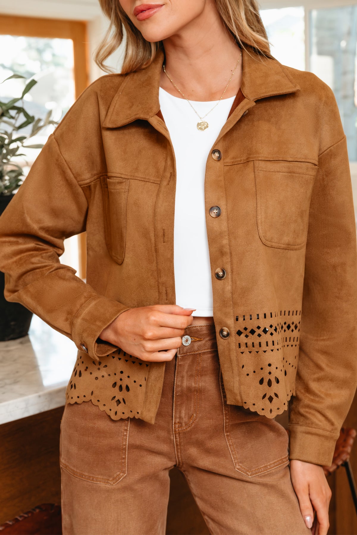 Thai Curry Solid Color Faux Suede Hollowed Detail Style Jacket