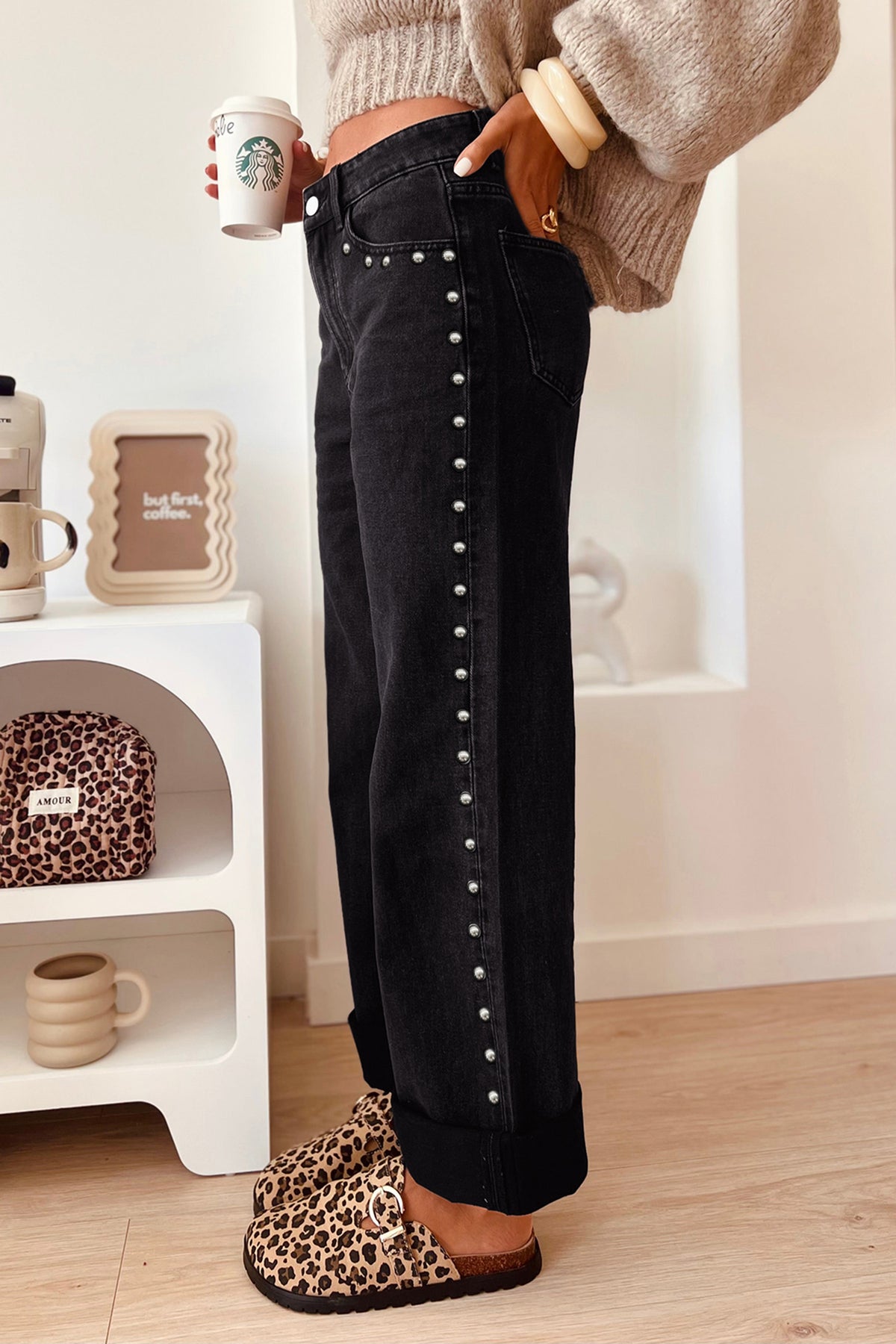 Coffee Studded Straight Leg Casual Loose Jeans