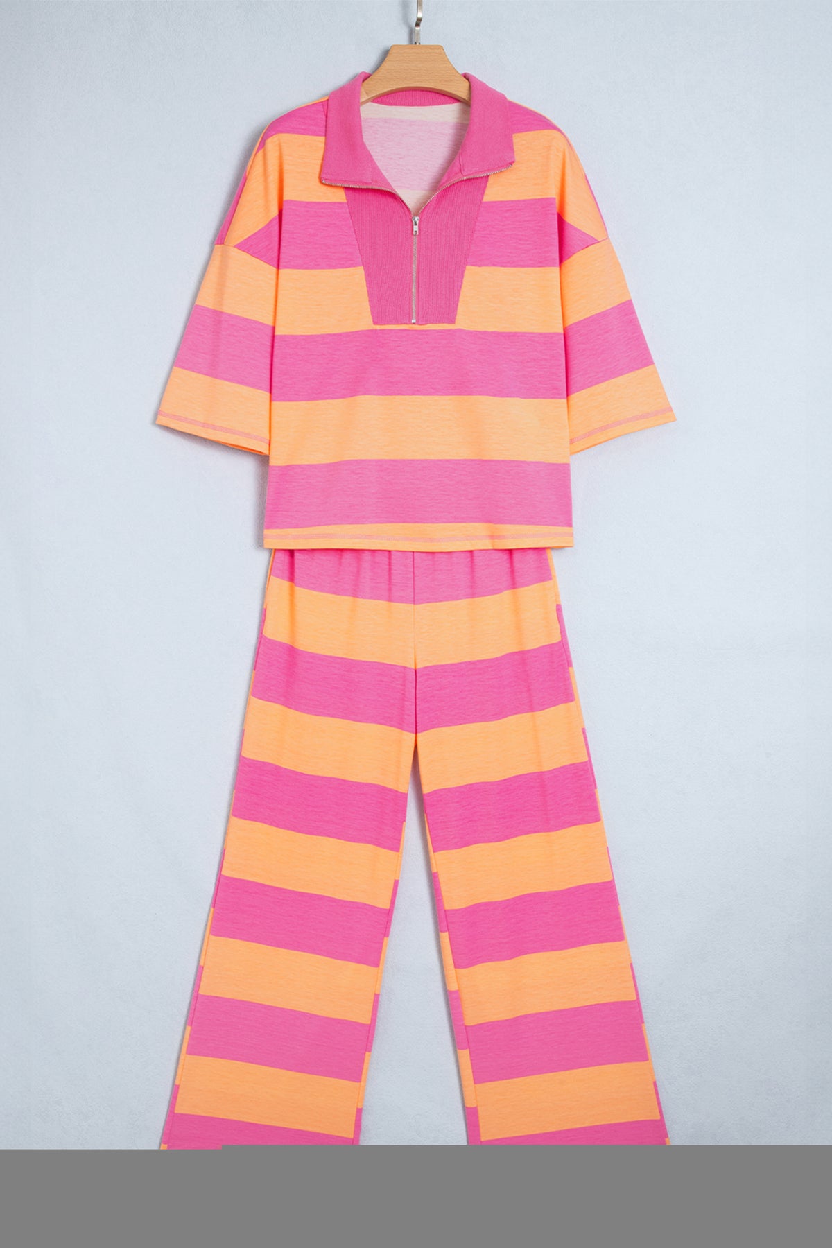 Women's Orange Stripe Colorblock Half Sleeve Top Casual Loose Pants Two-Piece Set
