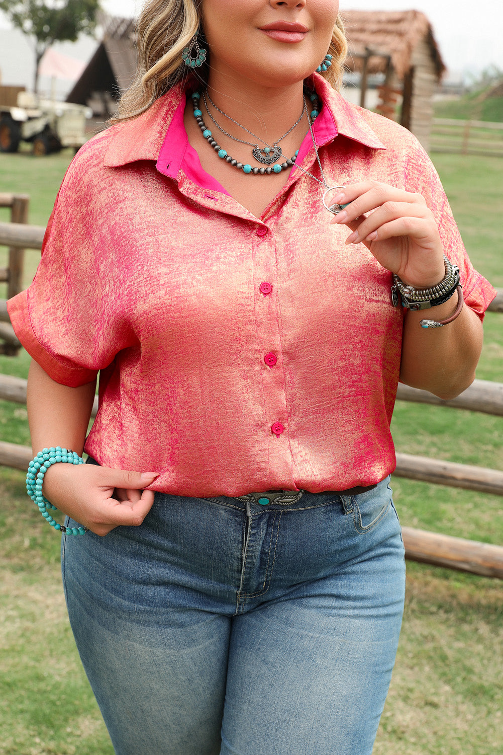 Rose Red Plus Size Metallic Sheen Short-Sleeve Button-Up Shirt