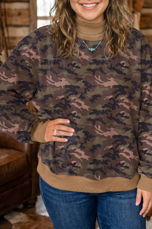 Green Camouflage High Neck Long Sleeve Oversized Plus Size Sweatshirt