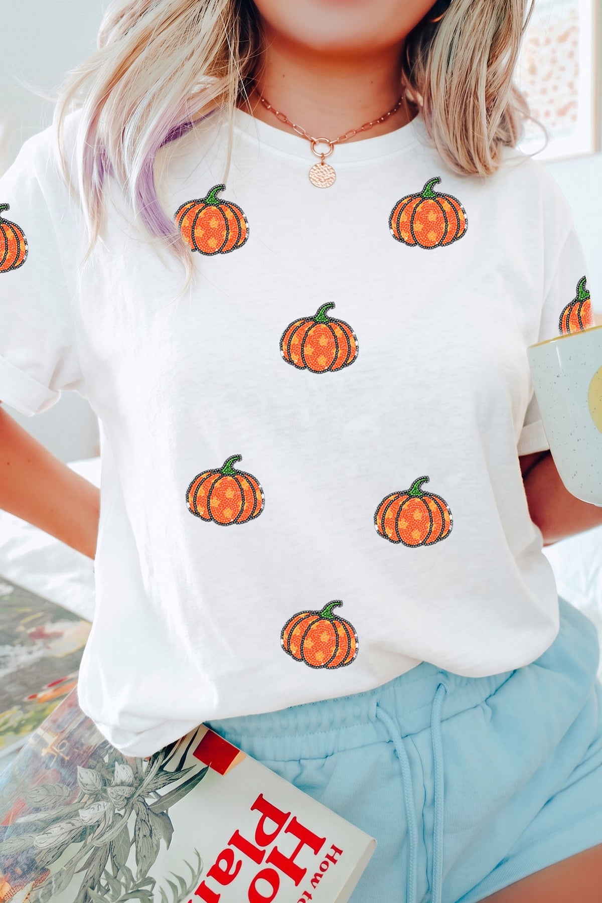 White Sequined Star Pumpkin Graphic Casual Round Neck T-Shirt