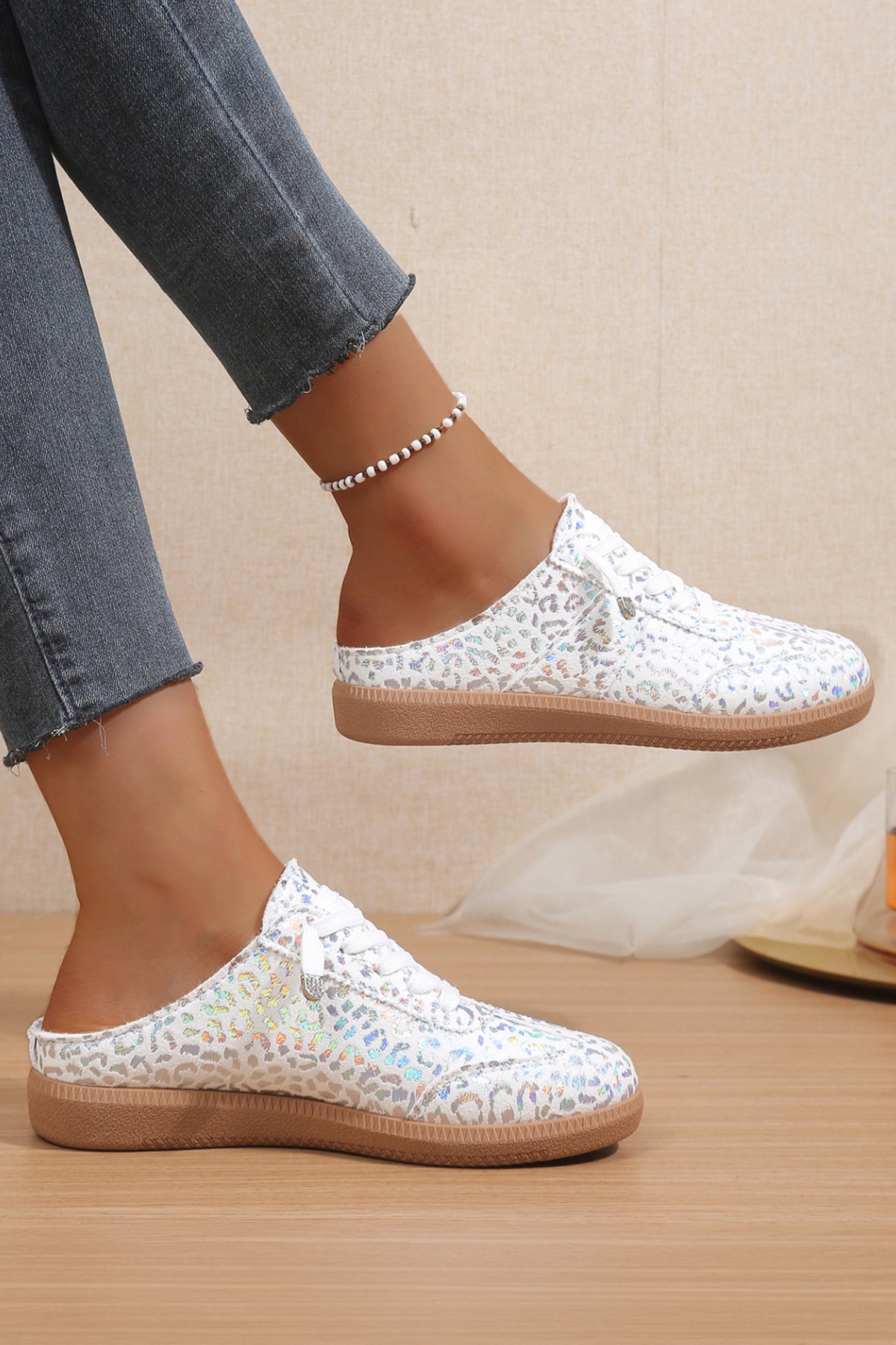 White Shiny Leopard Print Lace-Up Slip-On Sneakers