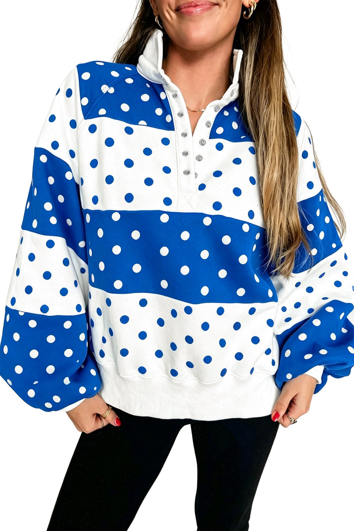 Blue Polka Dot Color Block Half Zip Puff Sleeve Sweatshirt