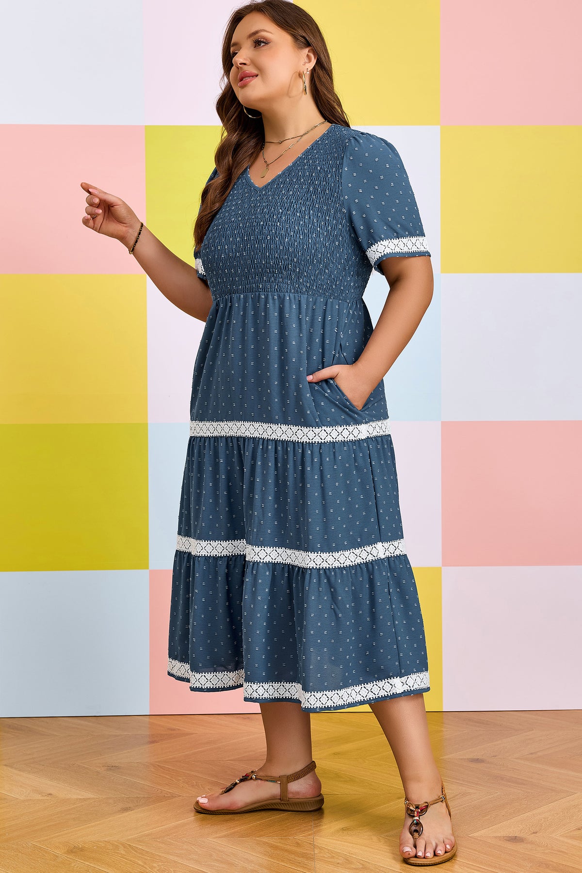 Dusk Blue Plus Size V-Neck Swiss Dot Lace Patchwork Detail Flared Midi Dress