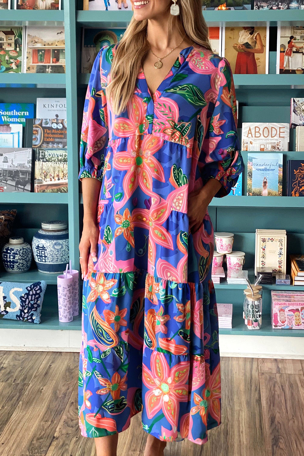 Blue Floral Print 3/4 Sleeve V Neck Tiered Long Dress