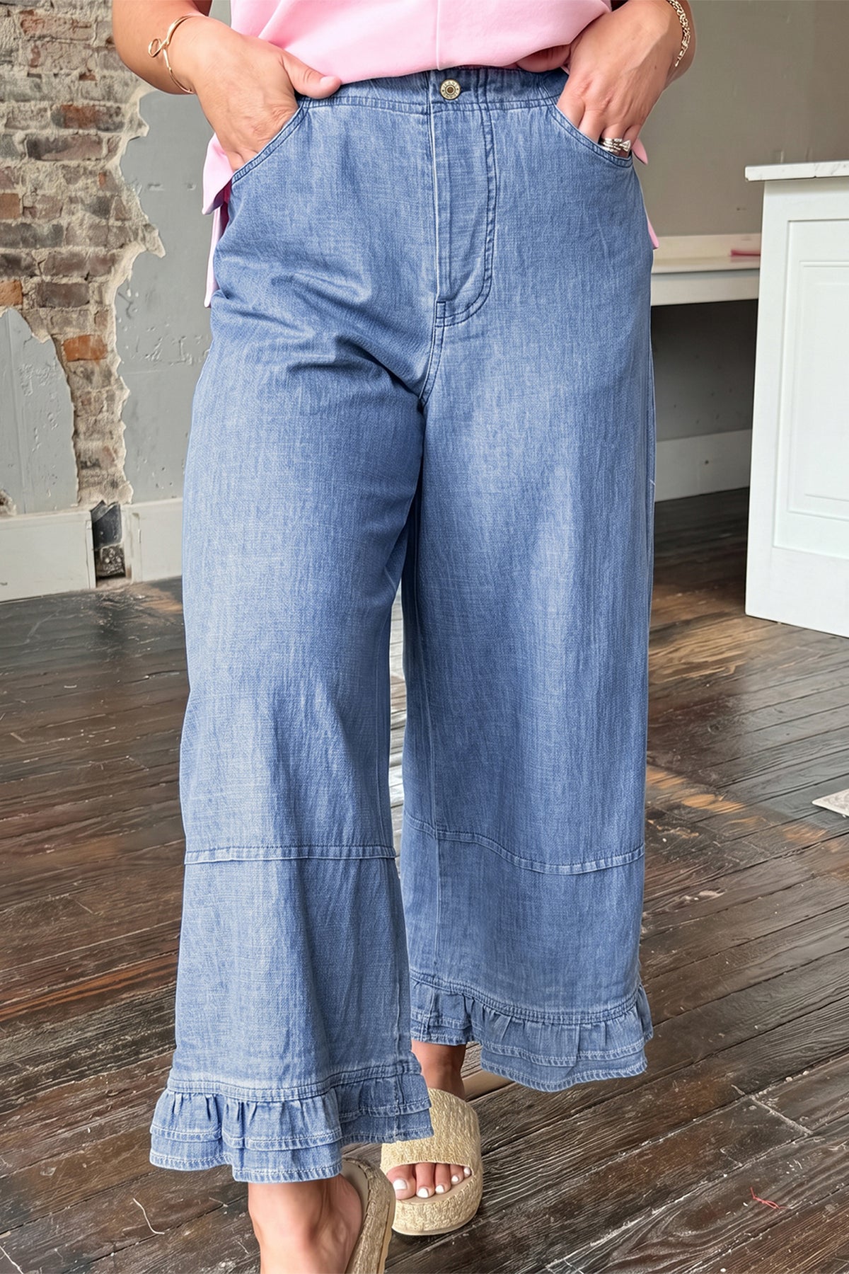 Light Blue Ruffle Hem Wide-Leg Full-Length Plus Size Jeans